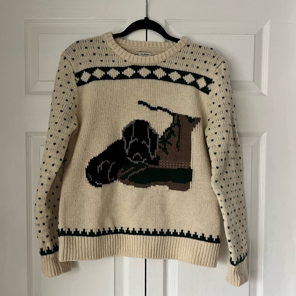 L.L.Bean - 100% Wool Puppy Dog Print Fair Isle Sweater Sweater in Cream & Green